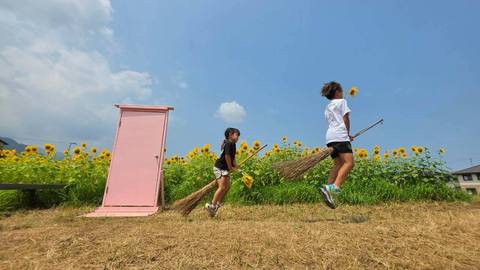 ひまわり畑を走る子ども