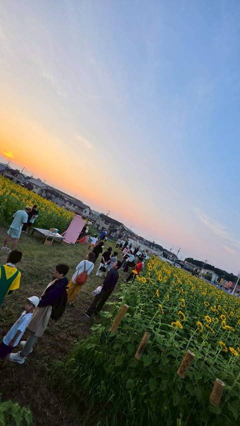 夕暮れの畑に集まる人たち